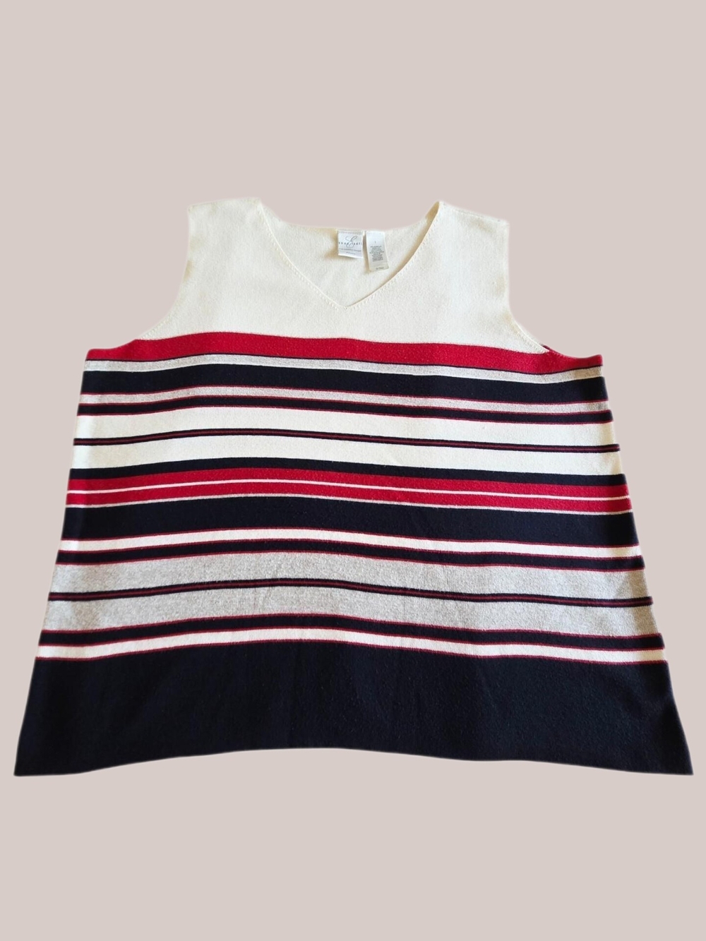 Emma James Striped V‑Neck Tank Top in Cream, Black & Red